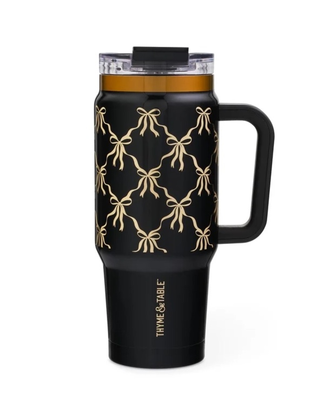 Thyme & Table Luna Stainless Steel Black/ Gold Bow Insulated Travel Mug w Handle